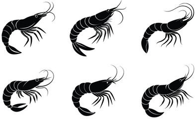Fototapeta premium Shrimp silhouette set, shrimp vector icons illustration
