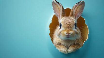 Obraz premium A cheerful Easter fantasy visual, a top view capturing whimsical rabbit ears protruding from a unique egg-shaped opening against a gentle blue background with space for text.