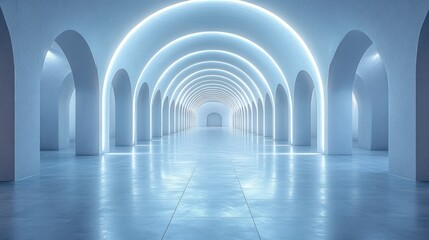 Obraz premium Futuristic blue archway hallway, glowing lights, abstract background, architecture design