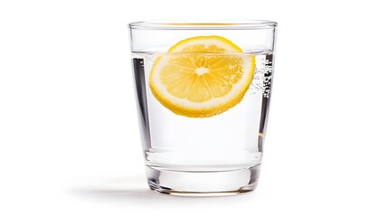 A glass of ice water with a lemon wedge, isolated on white
