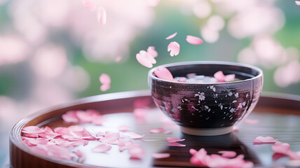 桜の花びらが舞う中で楽しむ日本酒 – 春の訪れを感じる美しい瞬間