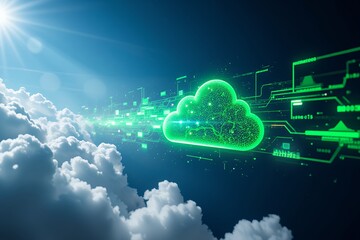 Digital cloud computing concept with green speed motion, futuristic technology, data transfer, high-tech innovation
