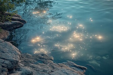 Obraz premium Moonlit Enchantment in a Tidal Pool With Shimmering Lights Dancing in the Deep Water