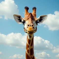 Naklejka premium Giraffe peeking from clouds, silly expression, long neck, nature scene, whimsical, spring, clouds