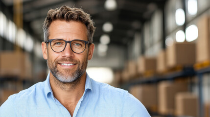 Fototapeta premium smiling man with glasses in warehouse setting, showcasing confidence and professionalism. background features shelves with boxes, indicating busy environment