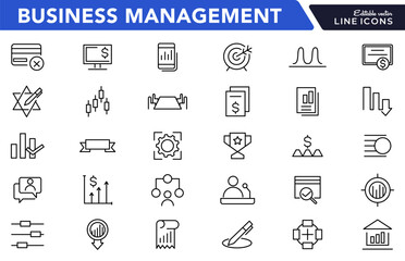 Business management line icon set. Efficiency, business meeting, employee, flow chart, success, analytics, target, vision, mission, values, outline icon collection. UI thin outline icon set