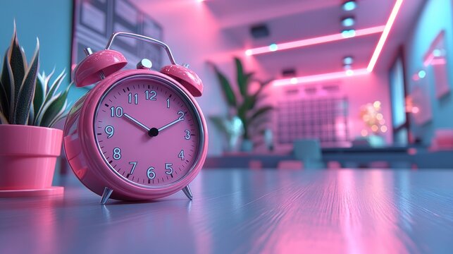 Pink alarm clock on desk, neon office background, productivity concept