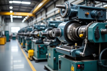 Fototapeta premium Intricate gears, gleaming metal: Industrial machinery in a factory, a testament to complex engineering and powerful precision.