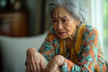 Arthritis is a chronic disease problem in elderly healthcare, Asian old female touching her leg feeling pain in her knee joint, and can't walk properly because of inflammation and