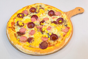 Traditional Turkish cuisine. Pizza, pita, pidesi, sucuk, hummus, kebab. Many dishes on the table. Serving dishes in restaurant. Mix, formaggi, veggie pizza. Top view, flat lay