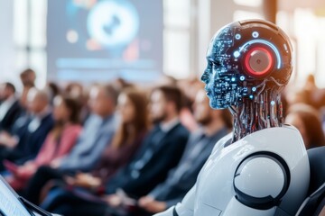 A high-tech futuristic speech where a holographic AI delivers a keynote address to an audience of robots and humans