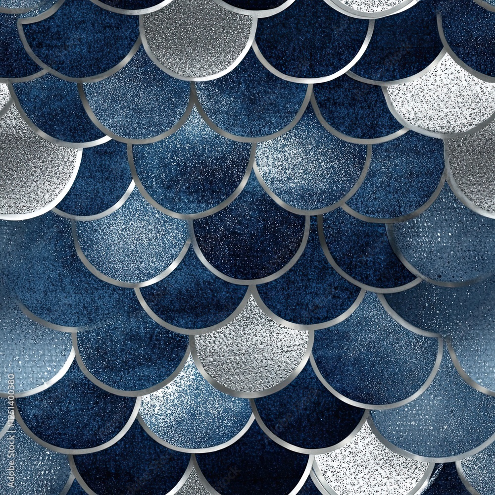 Poster mesmerizing metallic silver mermaid scales in a captivating spiral design on a deep blue canvas