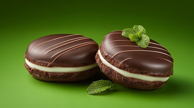 Two chocolate sandwich cookies with a creamy filling, garnished with fresh mint.