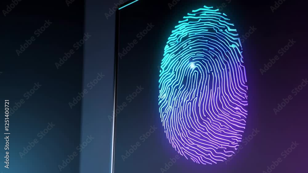 Poster Glowing blue and purple biometric fingerprint gradually emerging on dark digital screen, revealing intricate security technology details with slow motion visual effect