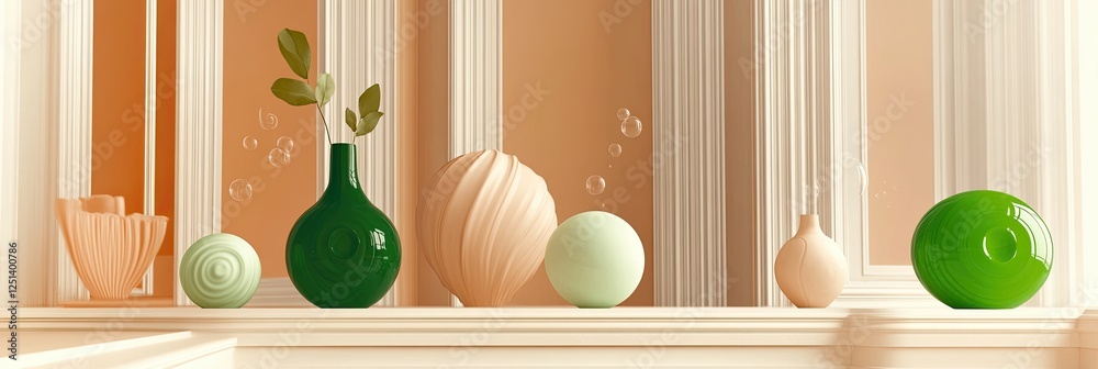 Poster Floating Spheres in Harmonious Lime Cream Hues Create a Tranquil Minimalist Display