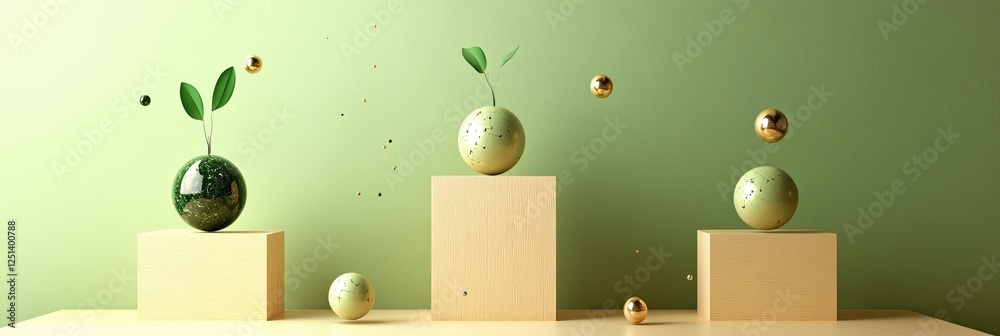 Poster Floating Spheres in Harmonious Lime Cream Hues Create a Tranquil Minimalist Composition