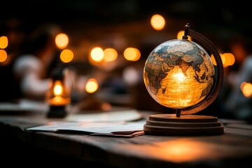 A history classroom with an old-fashioned globe, maps, and historical artifacts