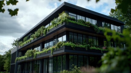 Modern building adorned with lush greenery, surrounded by trees and cloudy sky, showcasing eco-friendly design
