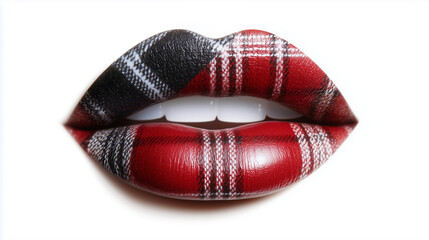 Close-up of artistic lips with a colorful knitted fabric pattern, showcasing creative makeup, fashion, and beauty in a highly detailed macro shot of textured lip art.