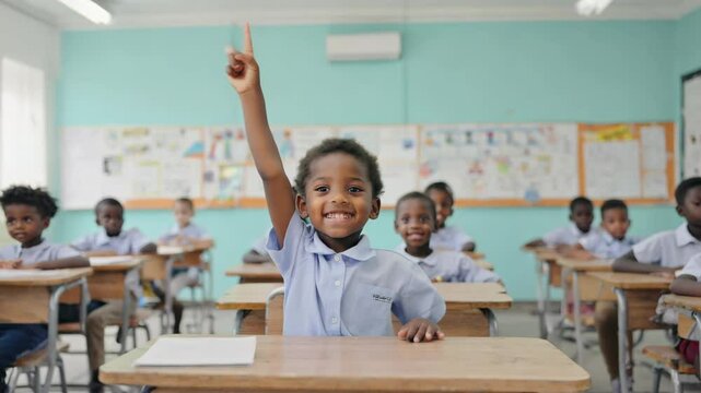 Child in classroom raising hand for question. Talented Small African American Boy Asking Teacher a Question in Class. Portrait of a Happy Elementary School Student Studying Hard, Learning New Things, 