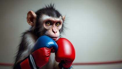 Monkey Boxer Ready for Action with Boxing Gloves in the Ring
