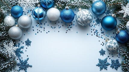 A Christmas decorations concept A top view vertical photo of blue, white, and silver baubles, snowflake and star ornaments, and confetti, arranged on an isolated white background with copyspace.