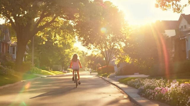 A young girl rides her bicycle along a peaceful suburban street, surrounded by lush greenery and blooming flowers. The warm golden sunlight filtering through the trees creates a serene and nostalgic 
