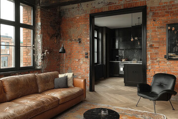 Leather sofa, armchair, rug in open plan loft apartment living room and kitchen