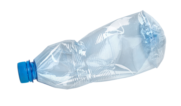 Crushed plastic bottle lying on white background representing recycling