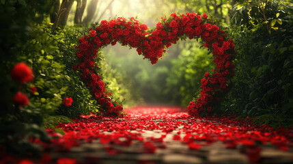 Romantic Heart-Shaped Arch Made of Red Roses in a Lush Garden Setting During the Golden Hour of Late Afternoon