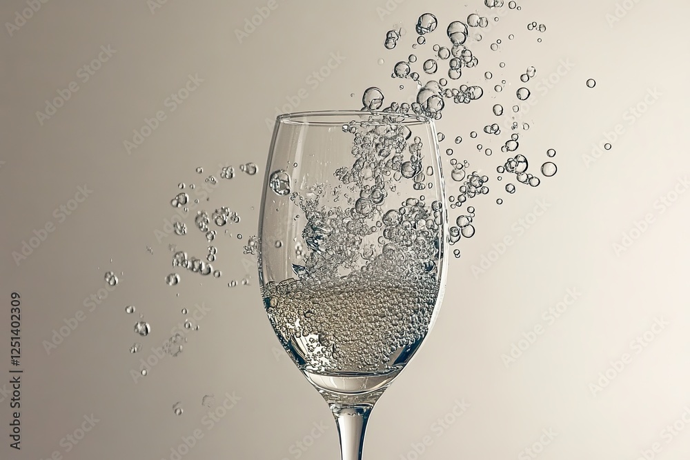 Poster crystal champagne glass floats gracefully as bubbles defy gravity in a surreal minimalistic setting