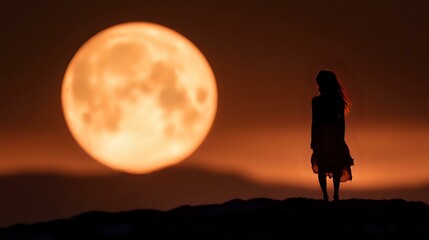 Fototapeta premium Silhouette of young woman standing on hill against dramatic orange full moon at sunset, creating mysterious atmospheric scene with long hair flowing in breeze.