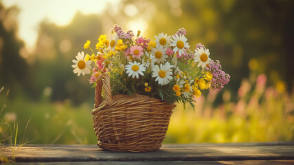 バスケットに無造作に詰め込まれた野花の花束 &ndash; 素朴で温かみのあるカントリースタイル