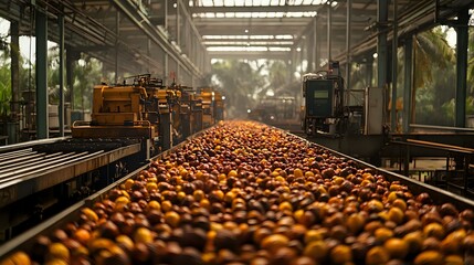 Fresh oranges on industrial conveyor belt moving through automated sorting and processing facility with sunlight streaming through glass roof.