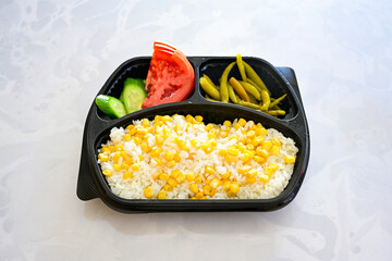 Traditional delicious Turkish food; Turkish style rice pilaf (Turkish name; Arpa sehriyeli. tavuk, kuru fasulyeli, pirinc pilavi). Cigerli, kavurmali, tereyagli nohut pilav.