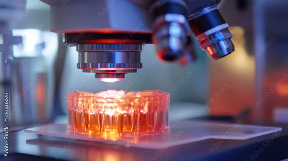 Poster close up of a high tech microscope examining a sample in a laboratory setting. the scene highlights 