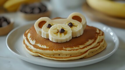 Fluffy pancakes decorated with banana slices arranged as bear face, topped with chocolate chips on white plate. Creative breakfast for kids and family meals.