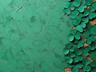 Abstract acrylic shamrock collage, vibrant overlapping greens with gold and textured brushstrokes