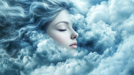 Fototapeta premium Dreamy Figure Emerges From Soft Clouds in a Surreal Blend of Serenity and Nature at Twilight