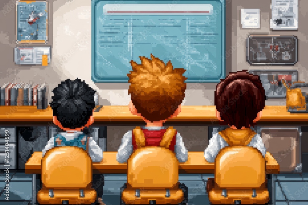 Aufkleber a pixelated 8-bit classroom with students sitting at pixel desks and a teacher in front