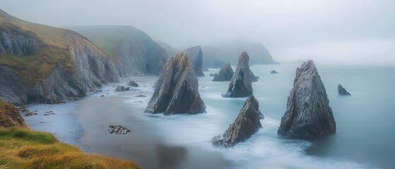 Dramatic Coastal Scene with Sea Stacks Emerging from Foggy Waters in Ireland Landscape