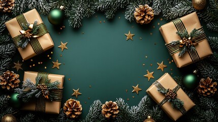 A Christmas mood concept top view vertical photo of gift boxes with ribbon bows, gold and green baubles, star ornaments, confetti, and pine branches covered in frost on a green background.