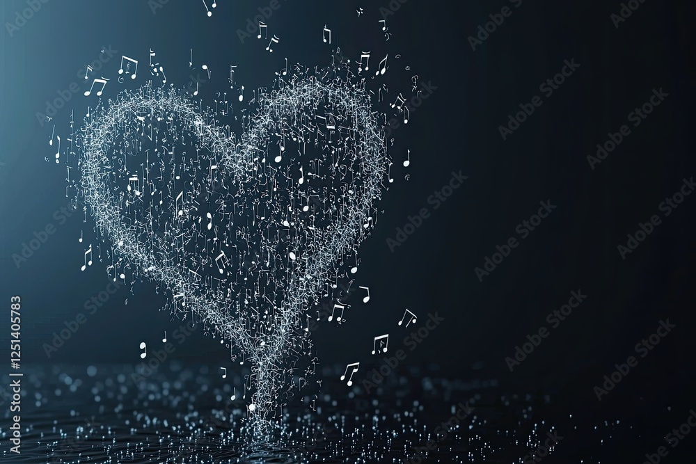 Poster floating musical notes create a soft heart shape against a dark backdrop