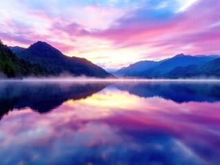 Fototapeta premium Serene Mountain Landscape with Calm Lake and Colorful Reflections