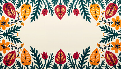 Botanical floral frame with autumn leaves on beige background