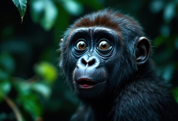 Obraz premium Cute Young Gorilla Portrait in the Jungle with Expressive Eyes