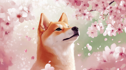 Shiba Inu Enjoying a Peaceful Moment Under Cherry Blossom Trees in Springtime