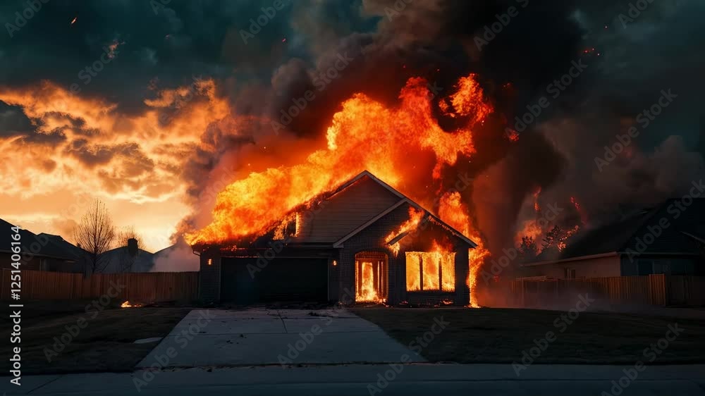Aufkleber large flames and black smoke rising from a burning residential home at sunset, creating a dramatic a
