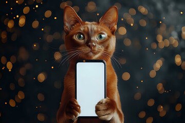 Obraz premium Ginger cat holding blank smartphone screen with paws against dark background with golden bokeh lights, funny pet portrait for social media and advertising.