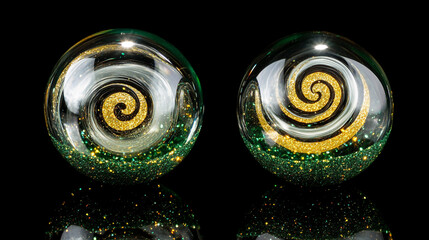 Two glass marbles with a green and yellow design on a black background.